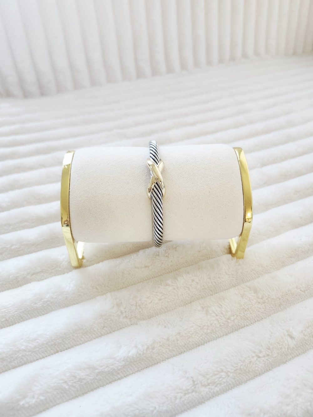 Twisted Cable Bracelet with Gold X Accent — Black and Silver